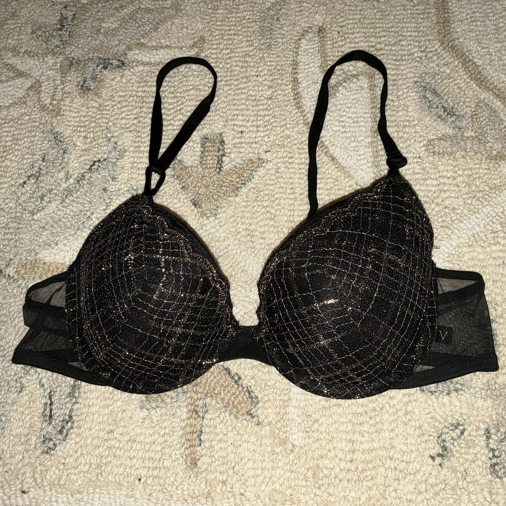 34b Lined Demi Victorias Secret Dream Angels Black Gold Bra Mesh